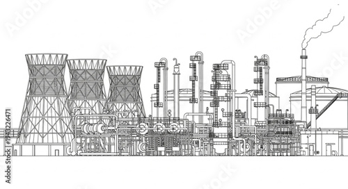 Industrial Factory Complex with Smokestacks.