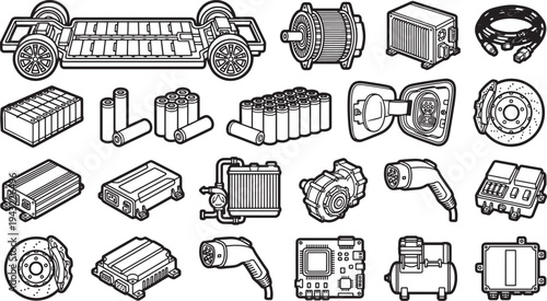 Unveiling the components of an electric vehicle in a detailed, blueprint-style depiction. highlighting the cutting-edge technology behind the sustainable mode of transport.