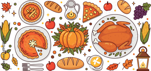 Thanksgiving dinner collection with roasted turkey pumpkin pie bread corn apple grape autumn harvest vector illustration set