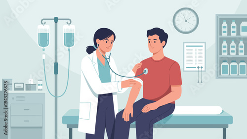 Female physician examines a male patient with a stethoscope during a routine health checkup in a clinic