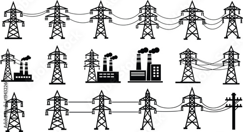 Electric power transmission towers, high voltage pylons and power lines, electricity grid infrastructure, industrial factory energy generation, utility line icons set vector collection