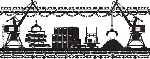 Industrial vector illustration, cranes lifting cars and materials, shipping containers, forklift, conveyor belts, logistics, manufacturing, transportation, mechanical operations,