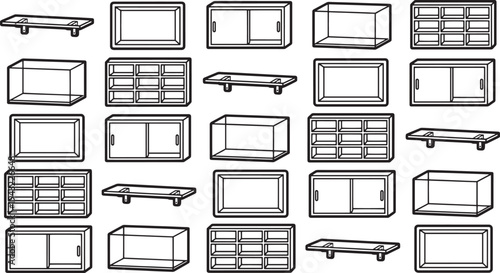Collection of cabinet designs. Diverse illustration of cabinets showcases a variety of shapes and styles, perfect for architectural, interior design, and furniture-related projects.