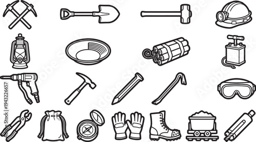 Collection of vintage mining tools and equipment. Perfect for illustrating industrial themes, historical settings, or resource-related concepts.