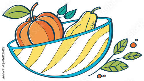 Vector illustration of fresh autumn harvest fruits in striped bowl, healthy organic seasonal produce