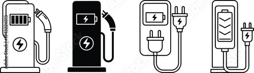  Electric vehicle charging station icons vector illustration, EV charger plug set, battery charging equipment symbols, sustainable energy transportation technology concept