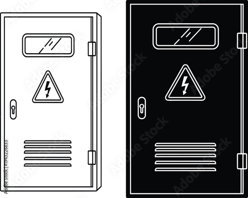 Electrical control panel cabinet with high voltage warning sign, industrial power distribution box, electricity safety equipment line icon vector illustration