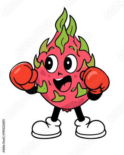 Energetic dragon fruit mascot wearing boxing gloves in a fighting stance. Bold tropical cartoon character vector for fitness concepts, food branding, stickers and sports graphics.
