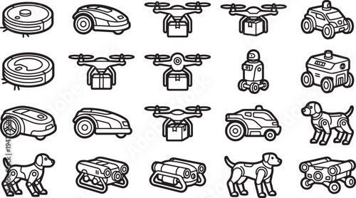 An assortment of various machines and robots, all rendered in a clean, black and white style, showcasing their distinct forms and functions.