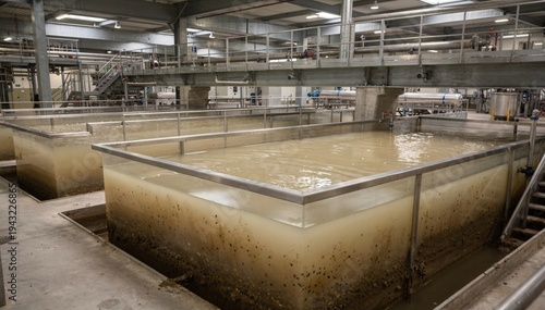 Medium shot of sedimentation tanks in a wastewater pretreatment facility settling heavy particles from rinse water ensuring cleaner effluent release into the environment.