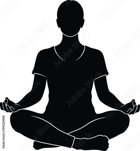 Meditating man silhouette sitting in lotus pose, yoga meditation practice for mindfulness relaxation and healthy lifestyle isolated illustration