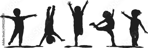 WebChildren silhouettes playing, jumping, dancing, handstand, balancing, joyful poses, active kids, childhood freedom, happiness, fun activity, white background illustration