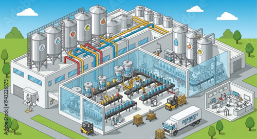Industrial Factory Complex with Storage Tanks.