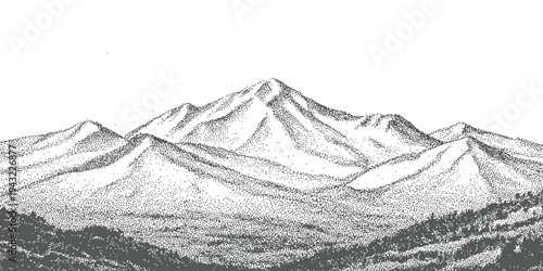 Hand drawn mountain range landscape sketch with peaks and ridges in vintage engraving style monochrome vector illustration