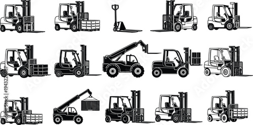 Forklift truck equipment silhouette vector illustration, warehouse cargo handling vehicles set, industrial logistics lifting machines collection, material handling transport icons isolated