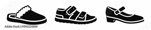 Black silhouette set of women home and casual shoes with slipper, sandal and heeled mary jane. Footwear collection for lifestyle, comfort, retail catalog and fashion design.