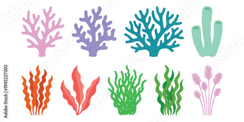 Set of colorful underwater corals and seaweed flat vector illustration for marine life and ocean environment design projects