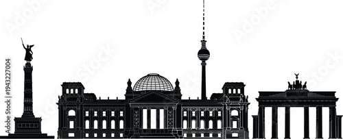 Berlin skyline landmarks silhouette, Brandenburg Gate, Reichstag building, Victory Column and TV Tower, Germany city architecture panorama vector illustration isolated
