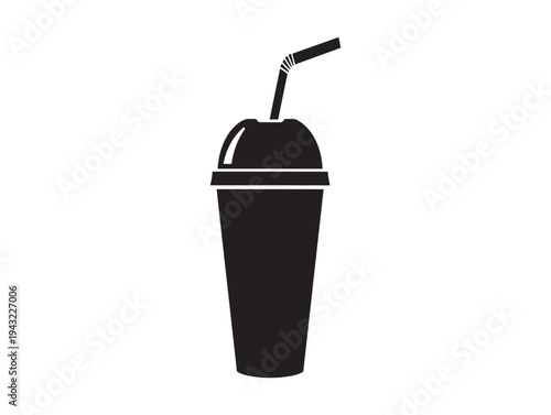 A black plastic cup with a straw