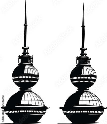 Berlin TV Tower silhouette set, Fernsehturm landmark architecture icons isolated on white background, Germany city symbol vector illustration collection