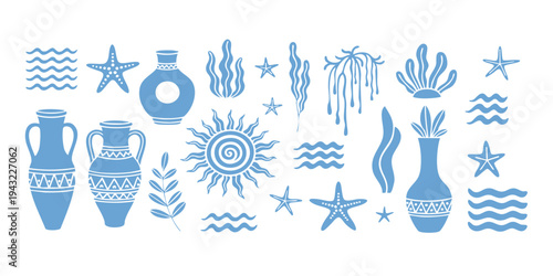Set of hand drawn Mediterranean Greek elements including ancient vases starfish sun and sea waves vector illustration