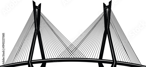 Cable stayed bridge silhouette illustration, modern suspension bridge architecture isolated on white background, transportation infrastructure vector design