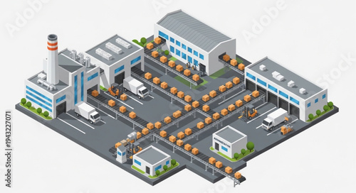 Industrial Factory Complex with Trucks and Buildings.