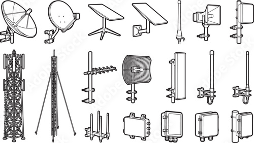 Array of diverse communication devices and technology components against a clean, crisp background. A comprehensive and engaging array of technological components.