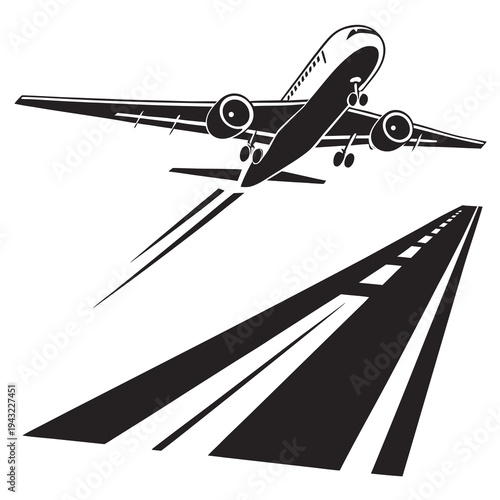 Vector illustration of minimalist airplane taking off from airport runway vector illustration