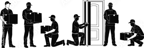 Courier delivery workers carrying packages and installing door lock at home entrance, logistics delivery service concept illustration