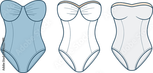Three different colored corsets with varying levels of detail and shading blue white gray fashion