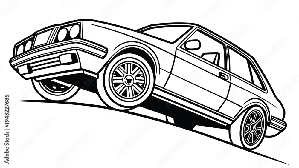 Naklejka premium Vector illustration of black and white retro car on an incline line art illustration