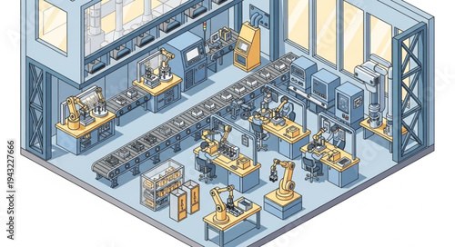 Industrial Factory Interior with Machinery.
