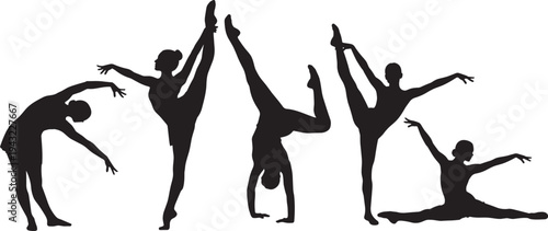 Set of black silhouettes featuring flexible women performing gymnastics routines, ballet dance moves, and yoga stretching exercises isolated on a white background