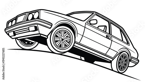 Vector illustration of black and white retro car on an incline line art illustration