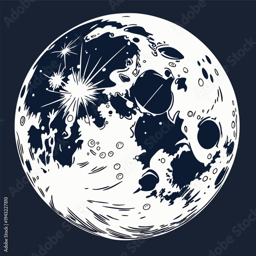 Vector illustration of detailed full moon craters and surface features vector illustration for astronomy and s