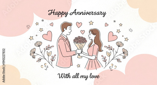 Happy anniversary couple illustration with flowers and hearts