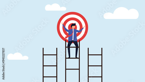 Businessman climbs ladder to hit target goal with success