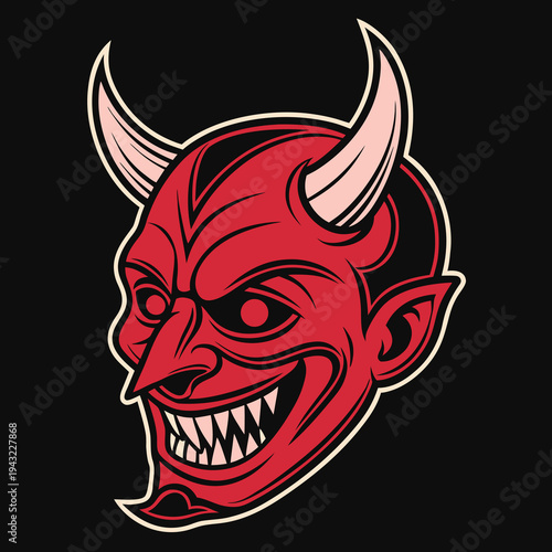 Vector illustration of red devil head with horns and sharp teeth frontal view vector illustration