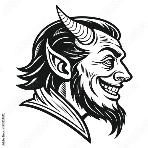 Vector illustration of evil devil head profile with horns beard and grin monochrome vector illustration