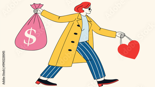 Vector illustration of woman carrying money bag and heart bag illustration for wealth and love concepts