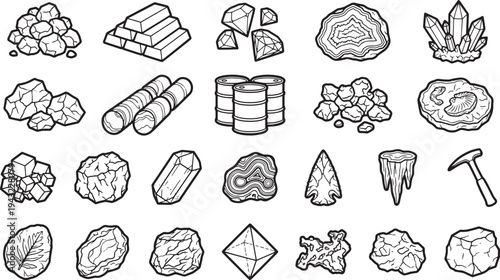 An illustration featuring a collection of rocks, gems, minerals, and other related items, meticulously hand-drawn in a striking black and white design.