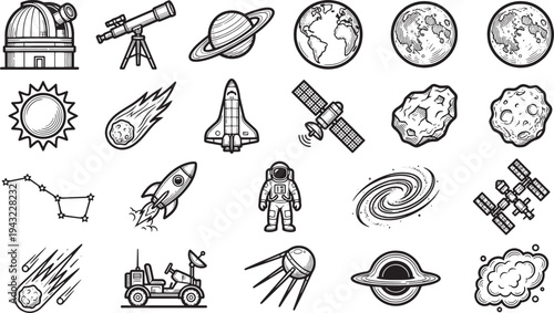 Set of outline astronomy object illustration. Each icon is meticulously designed to capture the essence of astronomical study and celestial objects.