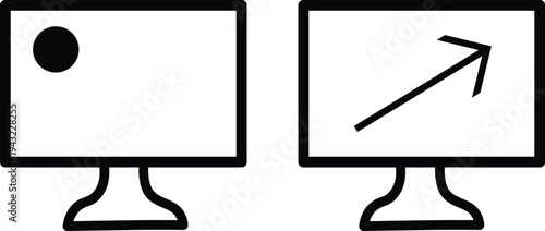 Two computer monitors one with circle icon other with diagonal arrow on transparent