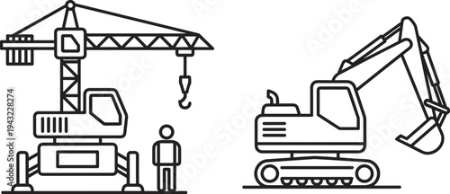Tower crane with hanging hook and crawler excavator, construction heavy machinery line art vector illustration, worker scale comparison, black outline icon set