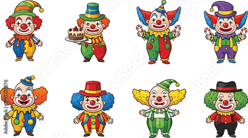 Funny clown characters collection with colorful costumes circus joker mascot cartoon flat vector illustration set isolated