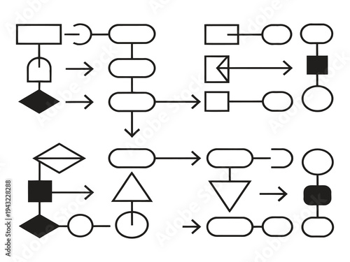 work flow chart symbol line icon showing connected process steps and directional arrows, representing business automation, system organization and operational workflow management.