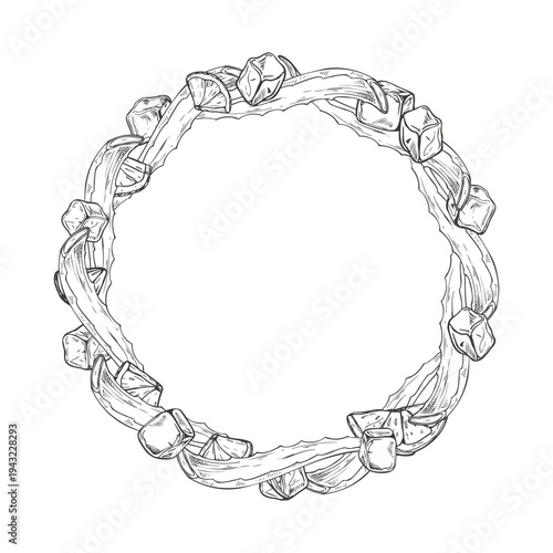 Aloe vera leaves and ice cubes monochrome vector isolated wreath. Hand drawn healthy plant frame with copy space for text. Natural cosmetics, skincare packaging, herbal medicine and wellness branding
