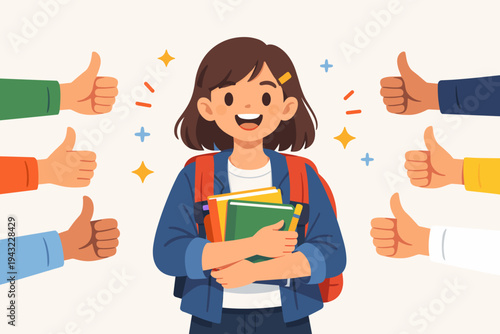 Cheerful Girl Student with Backpack Holding Books Surrounded by Hands Giving Thumbs Up, Concept of Academic Success, Positive Feedback, School Achievement, and Student Recognition Vector Art