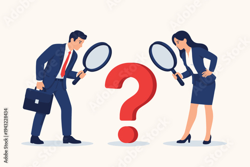 Business man and woman in suits holding magnifying glasses and looking at a large red question mark. Vector illustration of professional people searching for answers, problem solving, and research.